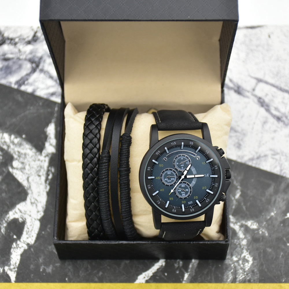 Fashion Mens Watch Set With Bracelets Top Brand Sport Quartz Watch Leather Waterproof Luminous Wirstwatch Sets Gift Box For Men
