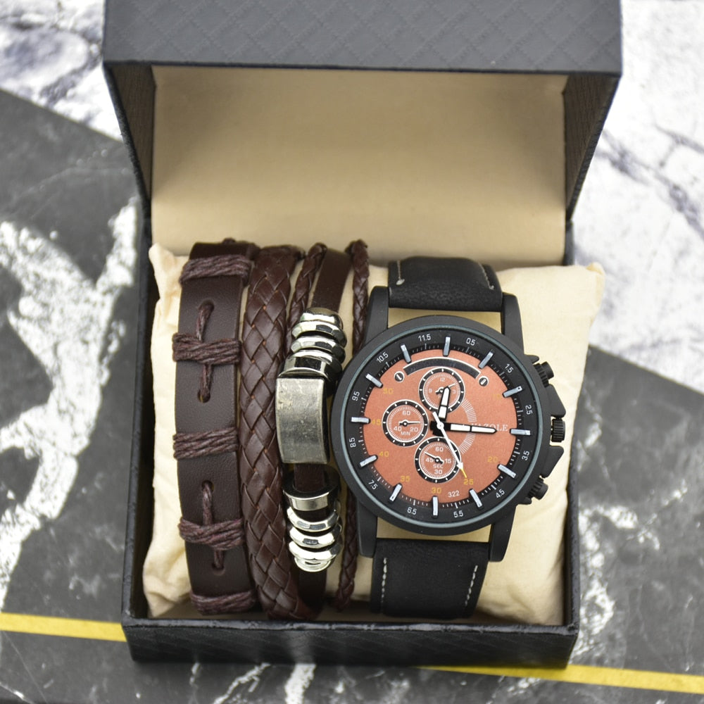 Fashion Mens Watch Set With Bracelets Top Brand Sport Quartz Watch Leather Waterproof Luminous Wirstwatch Sets Gift Box For Men