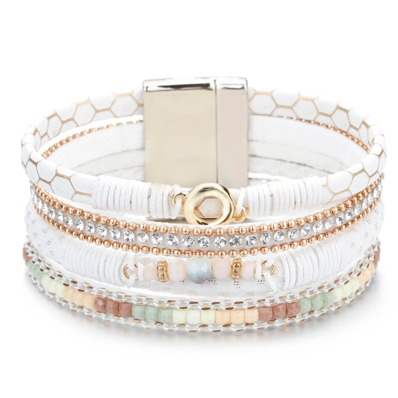 White Leather Bracelets, Rhinestone Crystal Metal Charm