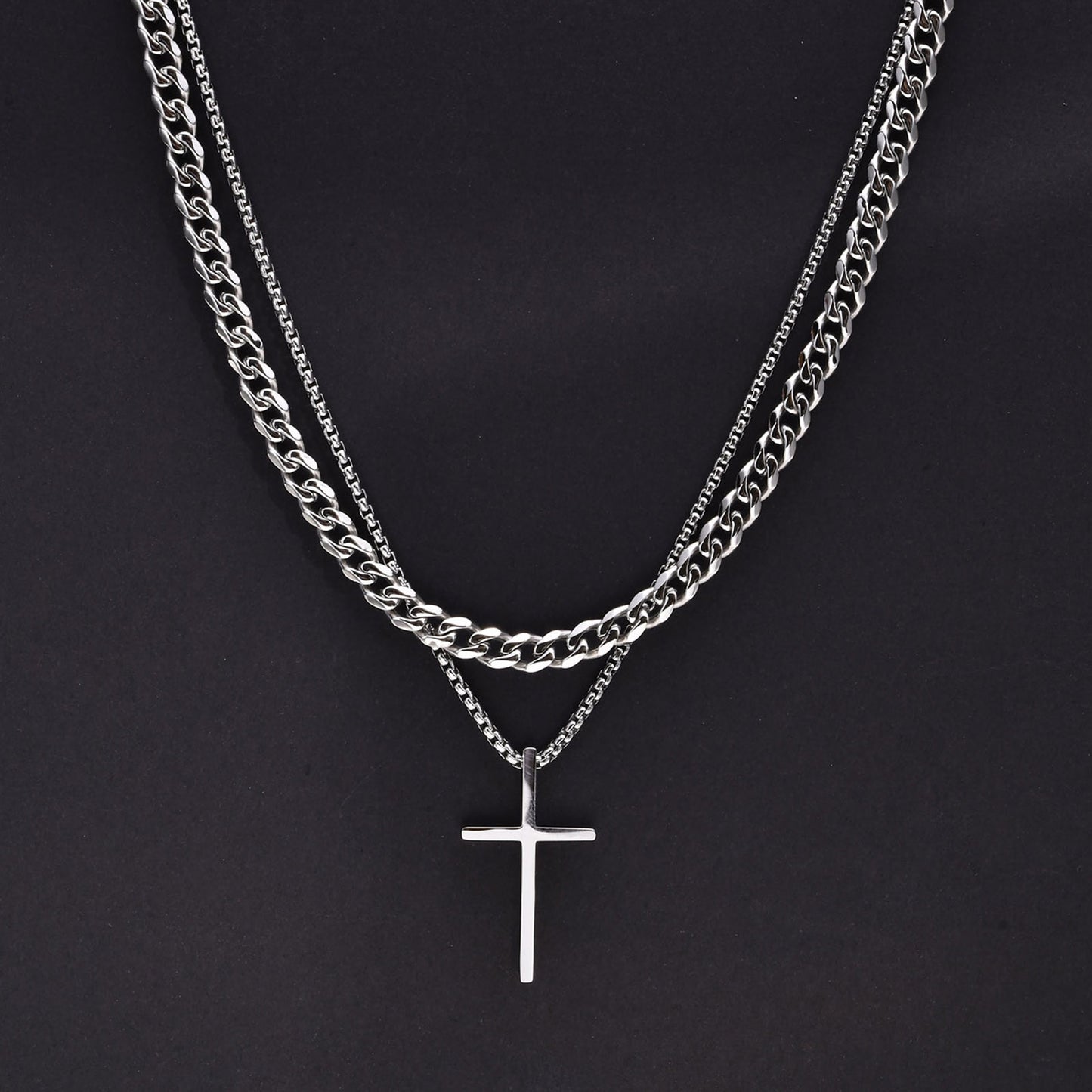 Mens Cross Necklaces, Stainless Steel Layered
