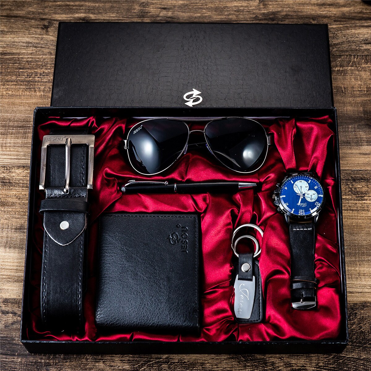 Gift Business Luxury Company Mens Set 6 in 1 Watch Glasses Pen Keychain Belt Purse