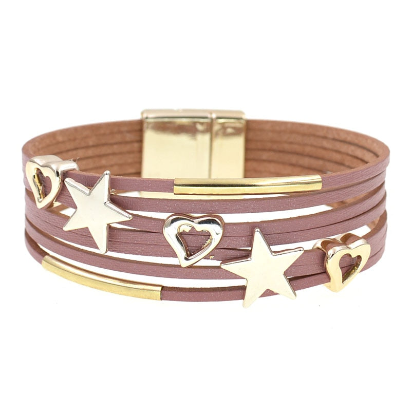 leather bracelets, metal heart/stars