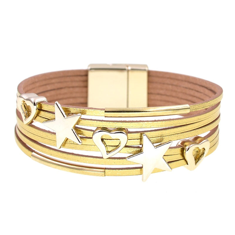 leather bracelets, metal heart/stars