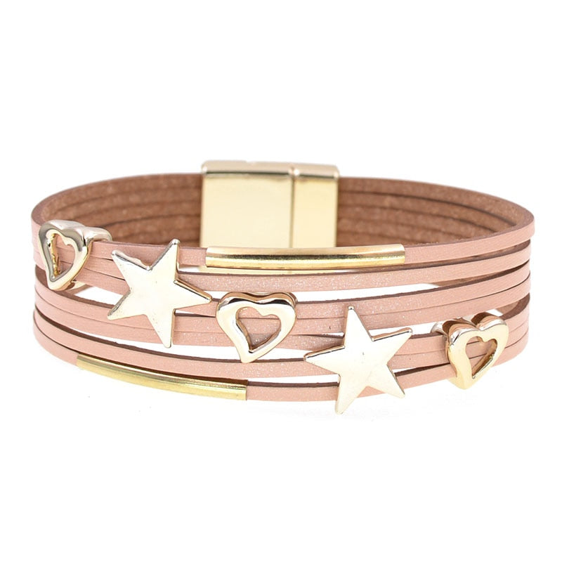 leather bracelets, metal heart/stars