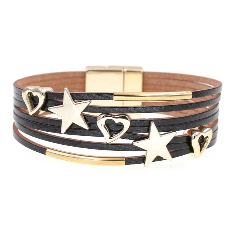 leather bracelets, metal heart/stars