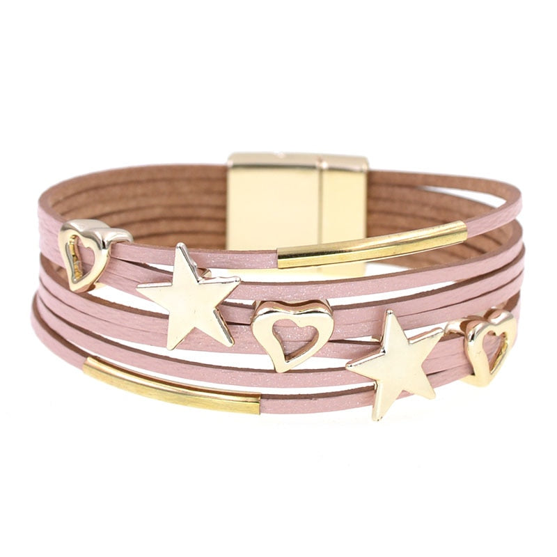 leather bracelets, metal heart/stars