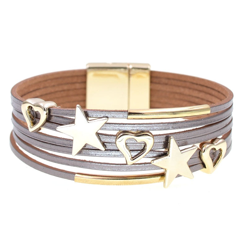 leather bracelets, metal heart/stars
