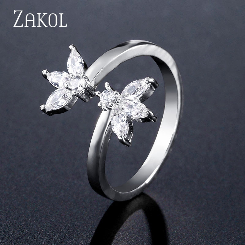 Wedding Flowers Cubic Zirconia Adjustable Ring