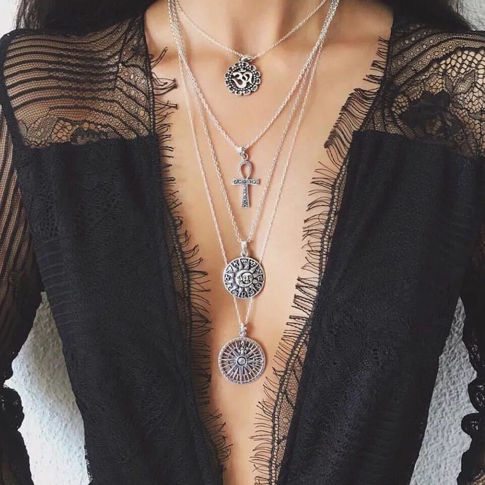 Boho Jewelry Vintage Necklaces Multilayer Cross